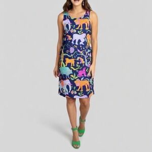Gretchen Scott Animal Kingdom Dress Women's XS Sleeveless Navy‎ Zoo Animal Print